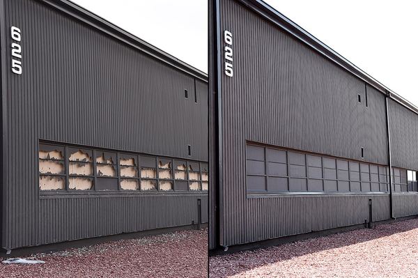 Side-by-side photos of a metal-sided building with hail-broken window panels, before and after repair