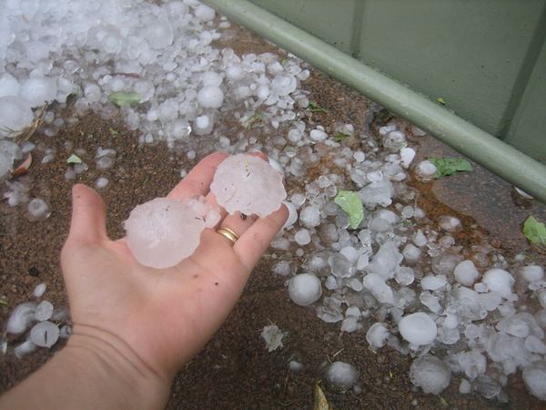 A hand holding two hailstones about the size of golf balls over hail-covered ground