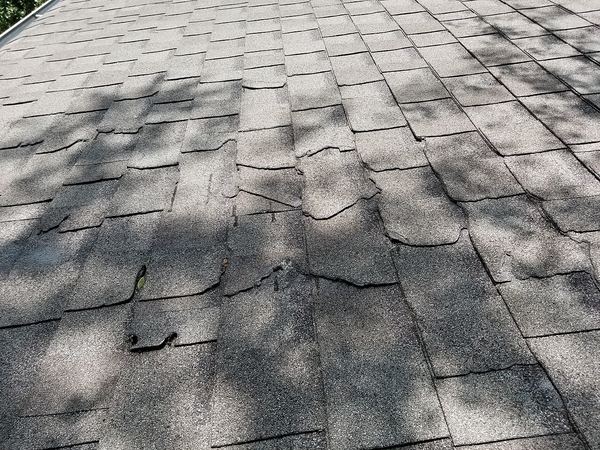 Gray asphalt shingles with cracked and broken tabs where branches fell on them