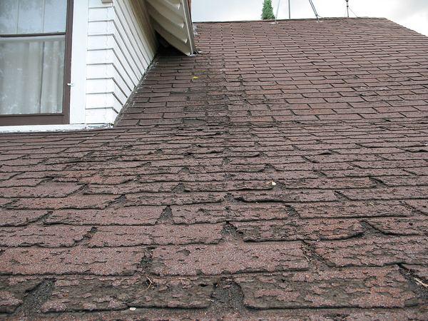 Asphalt shingles worn more heavily along the eave below a wall where water runs off