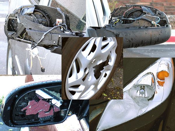 Collage of hail damage to cars: broken side mirrors, a cracked headlight and a broken hubcap